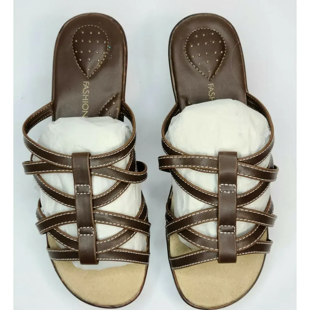 New Fashion Bug Women's Brown Strappy Sandals Size 8.5W Knock7 257230 Manmade
